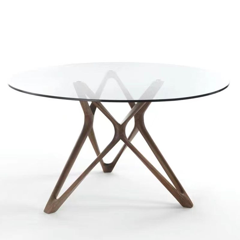 Modern Round Glass Desktop Dining Table Walnut Base for Dining Room