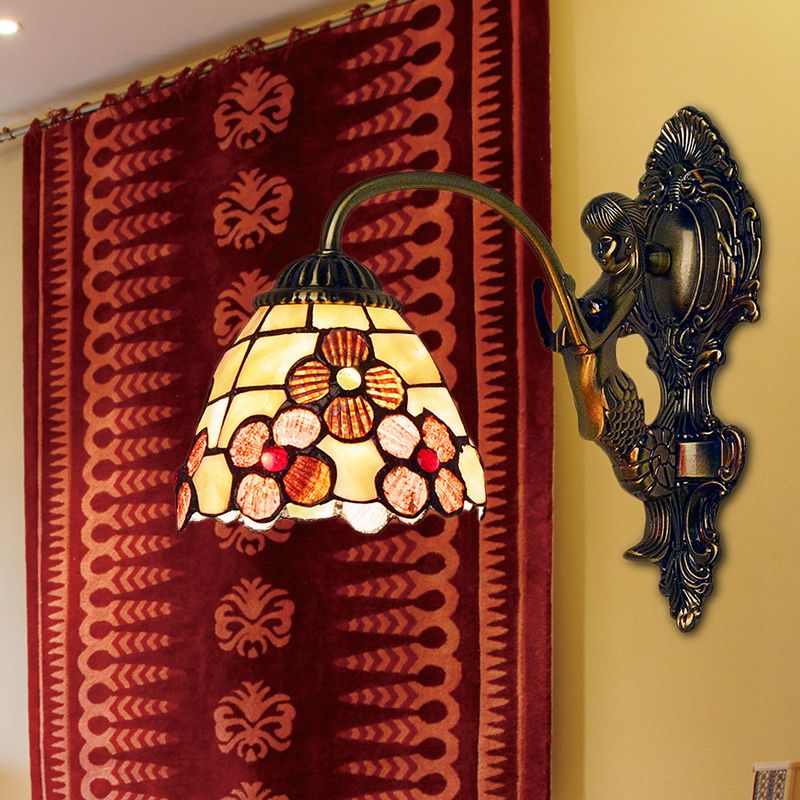 Floral Sconce Light Fixture Tiffany Beige Glass 1 Head Bedroom Wall Mount Lighting