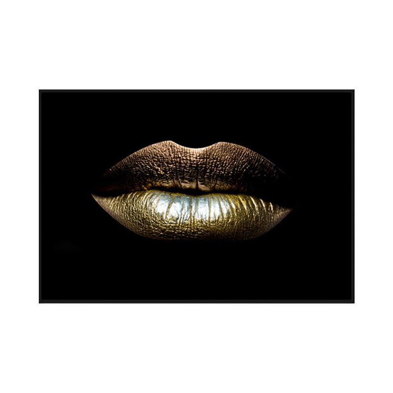 Modern Woman Lip Wall Art Print Gold-Black Textured Surface Canvas for Dining Room