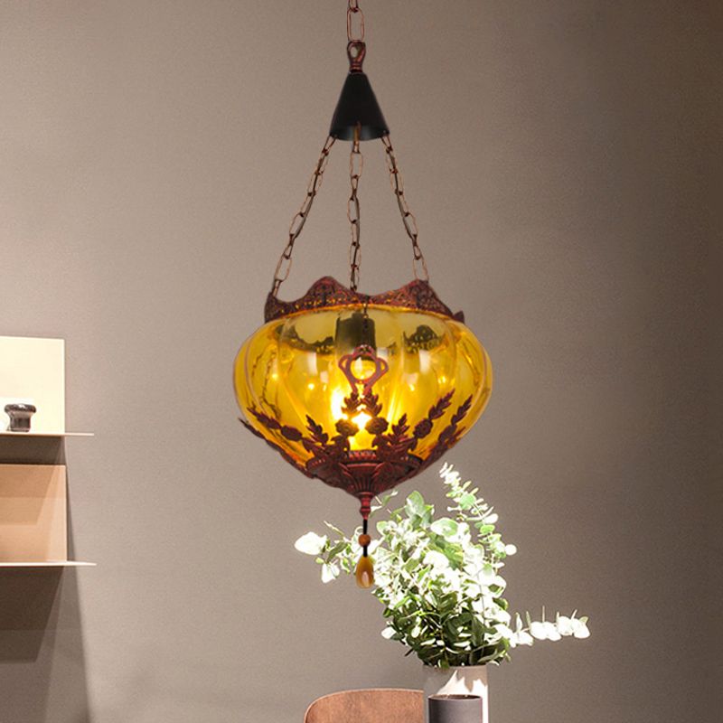 Lantern Restaurant Ceiling Light Country Style Amber Glass 1 Light Rust Pendant Lamp