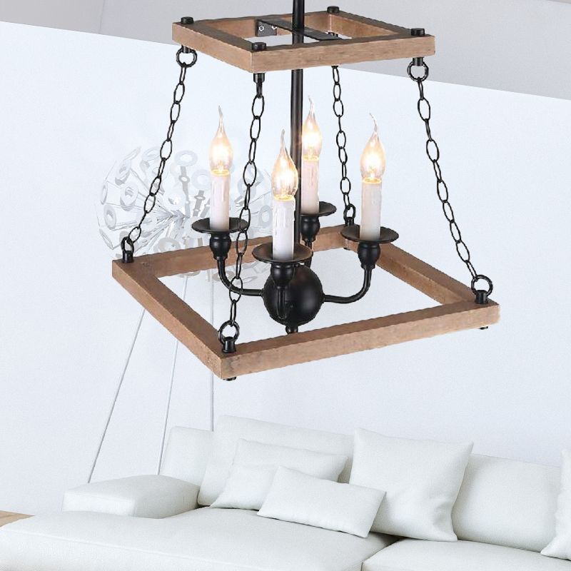 Lampe à lustre trapézoïde marron avec ferme de bougies sans flamme en métal et en bois à 4 feuilles de cuisine lampe suspendue
