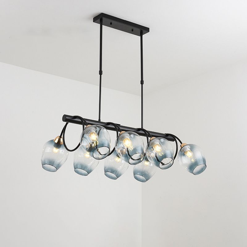 Wine Cup Island Light Modern Dimpled Blue/Green Ombre Glass 6/8/10-Head Black Suspended Lighting Fixture
