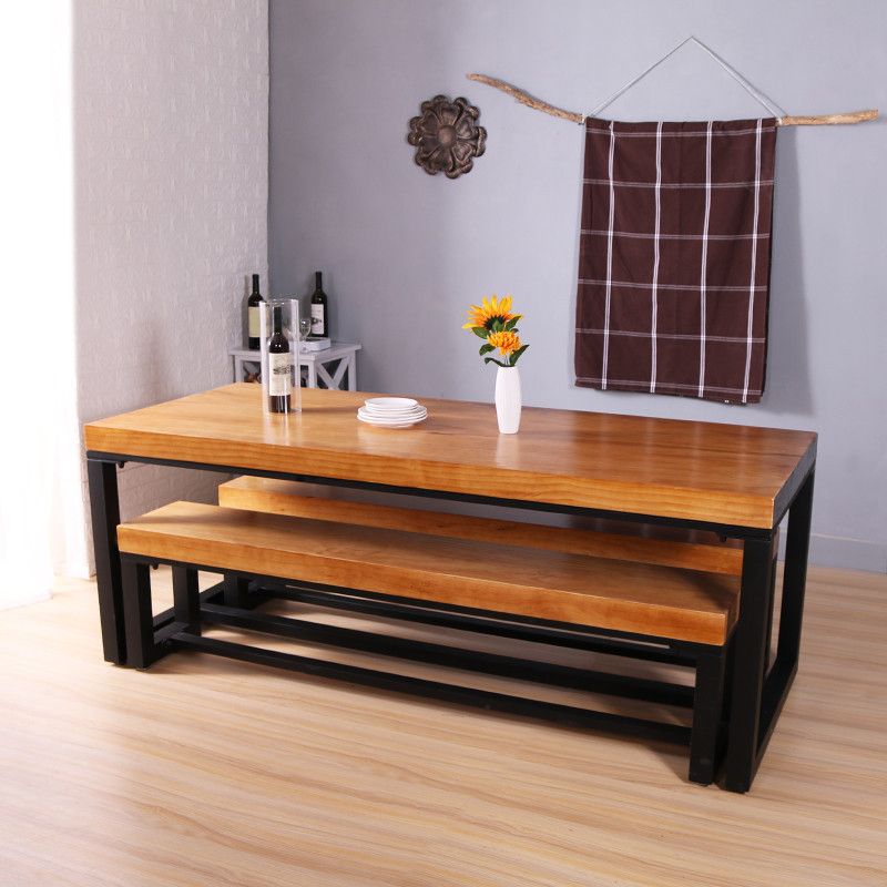 Industrial Solid Wood Dining Table Set with Benches 1/3 Pieces Brown Dinette Set