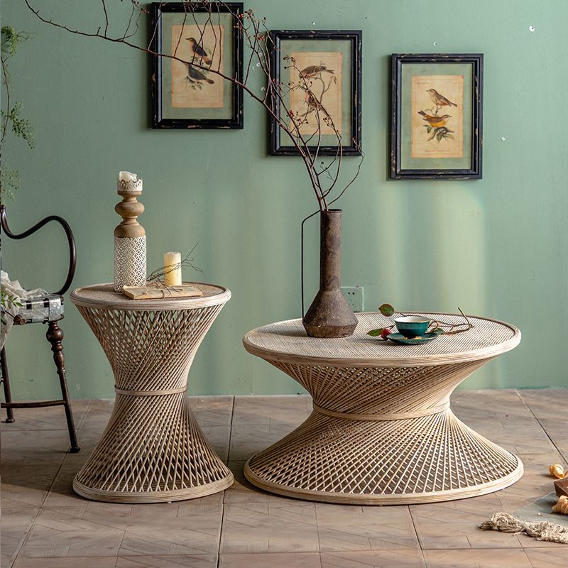 Round Rattan Top Side Table 16.53" /22.05" Tall Wood Pedestal End Table