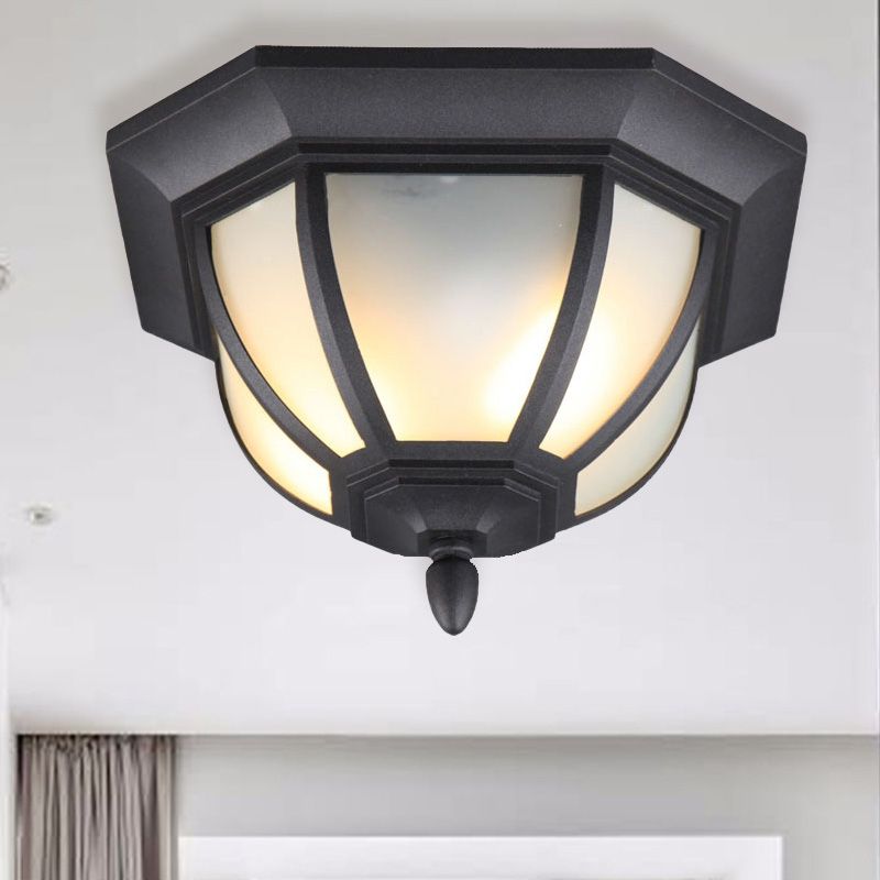 Industrial Bowl Flush Ceiling Light Opal Glass 2 Lights Outdoor Flush Mount in Black