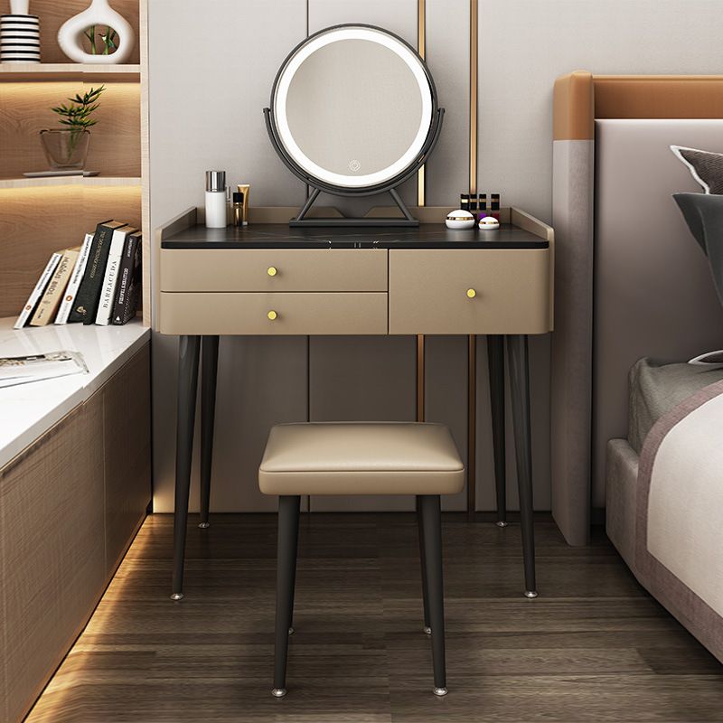 Luxurious Stone Top Vanity Genuine Leather Vanity Set with Stool