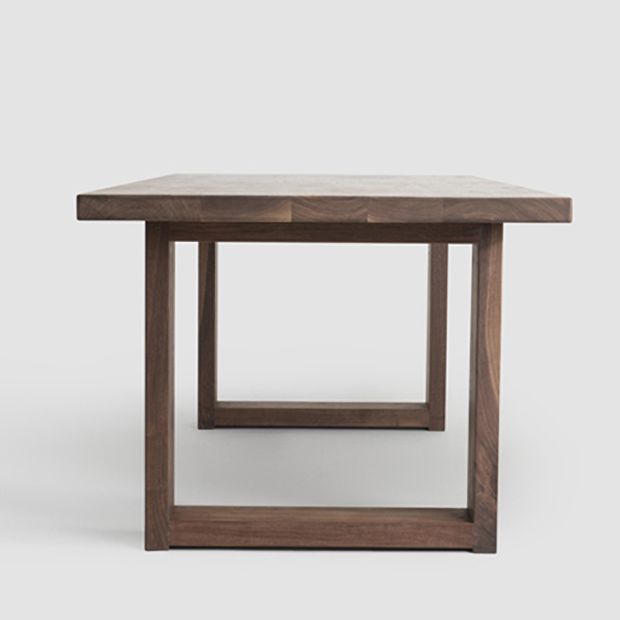 Mesa de comedor de madera maciza industrial mesa rectángulo en marrón con base de pedestal doble