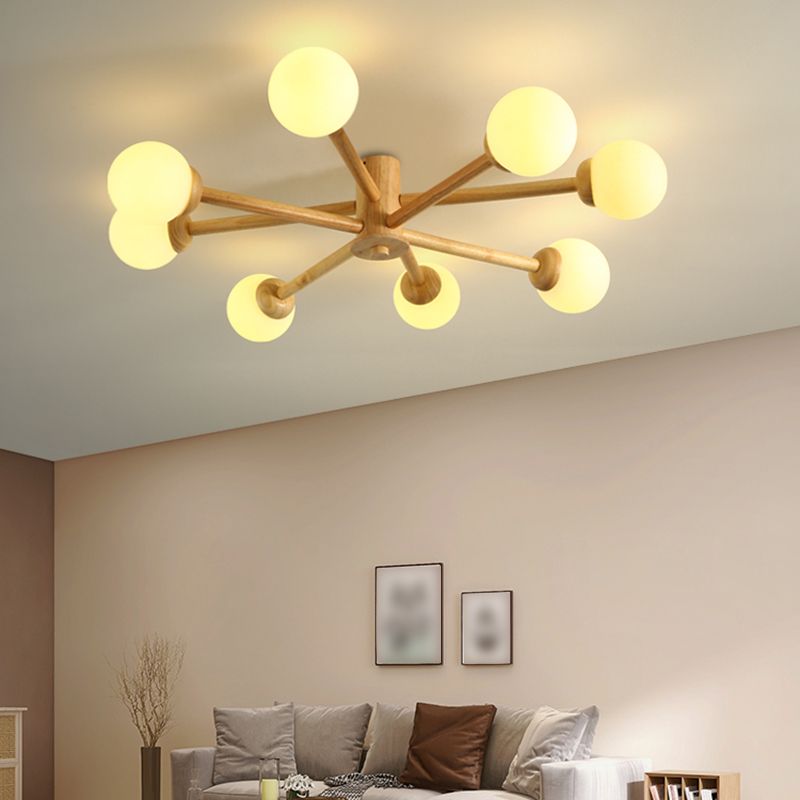 Modern Flush Light Fixtures Wood Sphere Flush Mount Lamp in Brown for Living Room