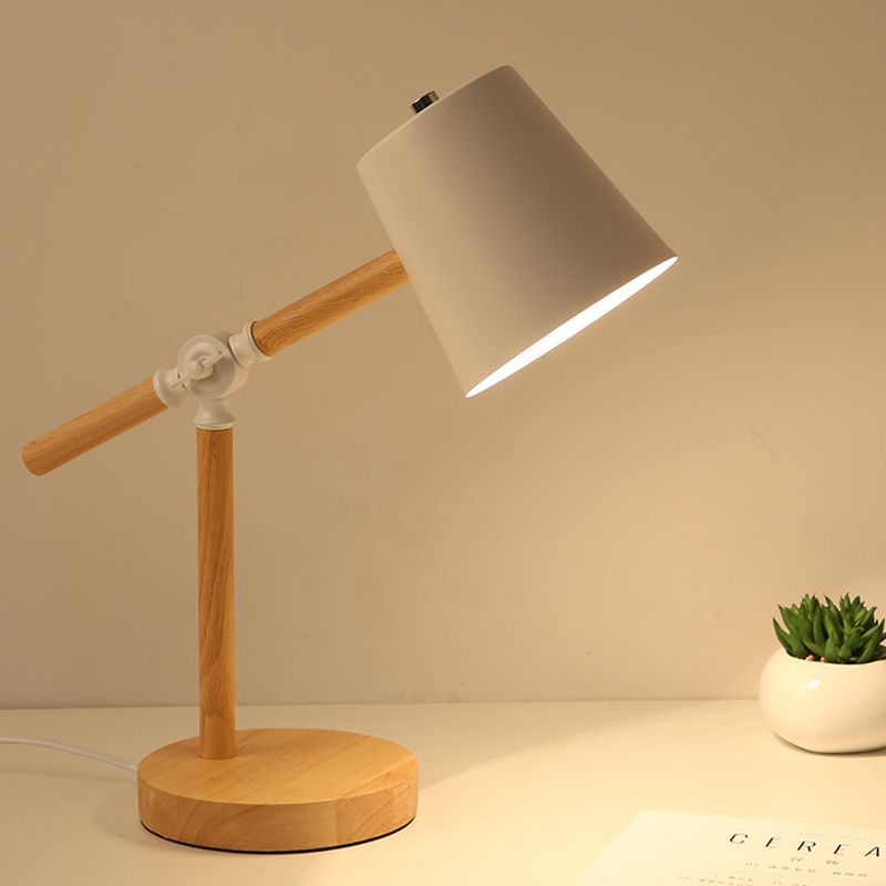 Holzschwung Arm Tischlampe Nordic 1 helles Nachttischlicht mit Fassschatten in Schwarz/Weiß/Rosa