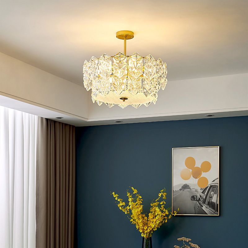Living Room Ceiling Suspension Lamp Minimalist Gold Chandelier with Hexagonal Crystal Shade