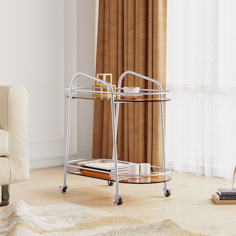 Modern Oval Glass Side Table End Table Metal Base Side Table with Shelf and Wheel