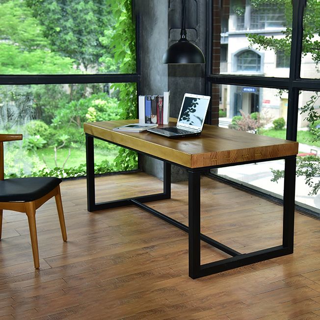 Pine Wood Top Dining Table Rectangle Black Iron Trestle Base Home Table