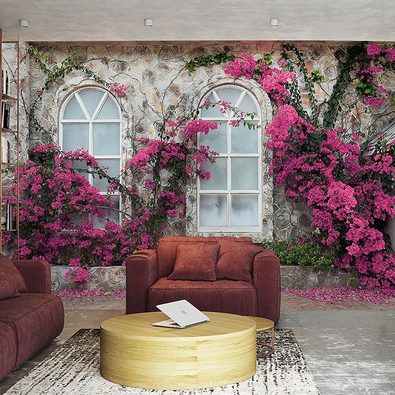 Photo Style Wall Mural French Window and Blossom Full Size Wall Art for Coffee Shop, Made to Measure