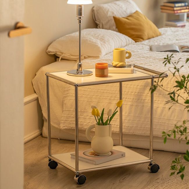 Rectangular Metal/glass Side Table with Wheel Base Mid-century Modern Style