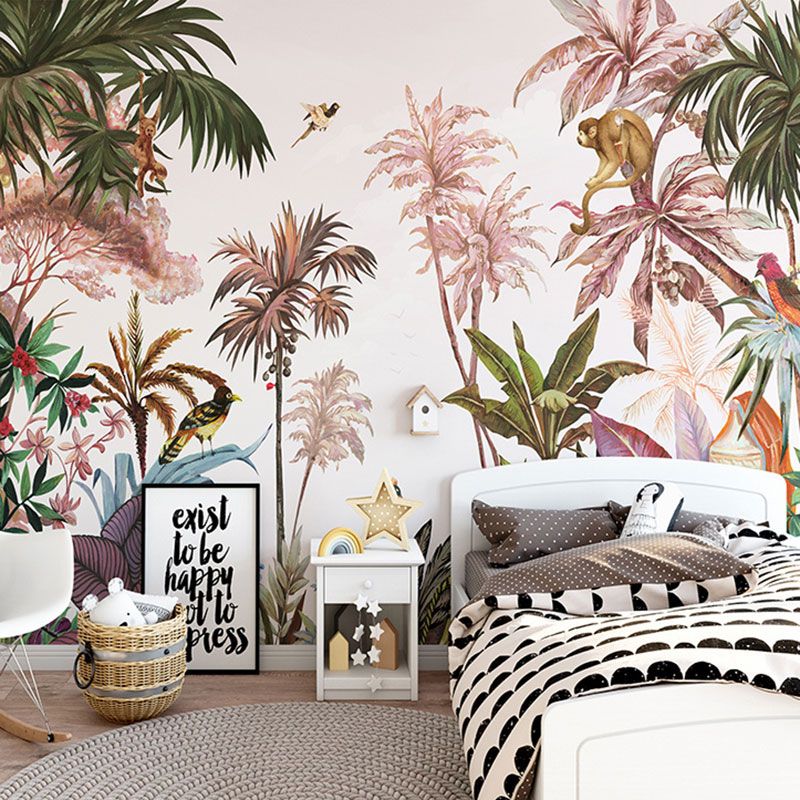 Tropical Plants Wall Mural Decal for Accent Wall, Pastel Pink, Personalized Size Available