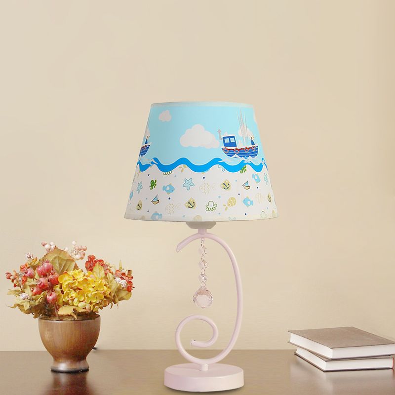 Barrel Bedroom Table Light Fabric 1 Bulb Cartoon Night Lamp in White with Crystal Drop and Sheep/Loving Heart/Elephant Pattern