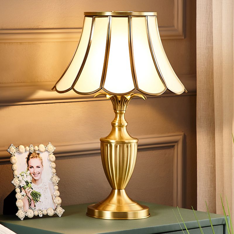 Brass Scalloped Night Table Lamp Colonial Style Opaque Glass Single Bedroom Nightstand Light