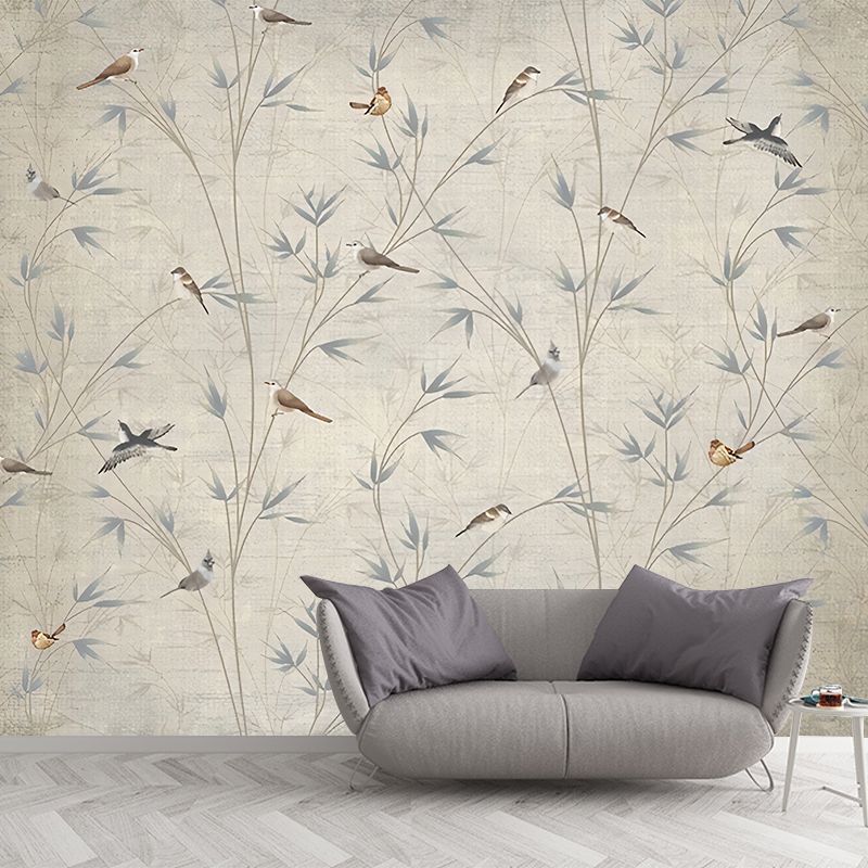 Custom Illustration Chinese Mural Decal with Bird on Bamboo Branch Pattern in Grey-Light Yellow