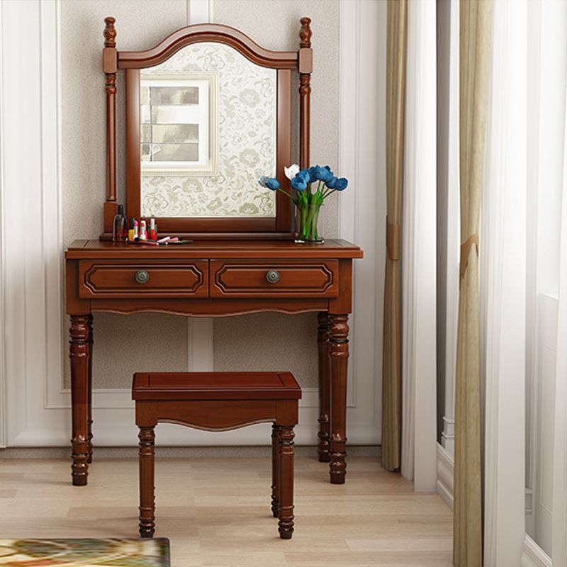 Traditional Mirrored Vanity Set Wood Dresser with 2 Drawers and Stool