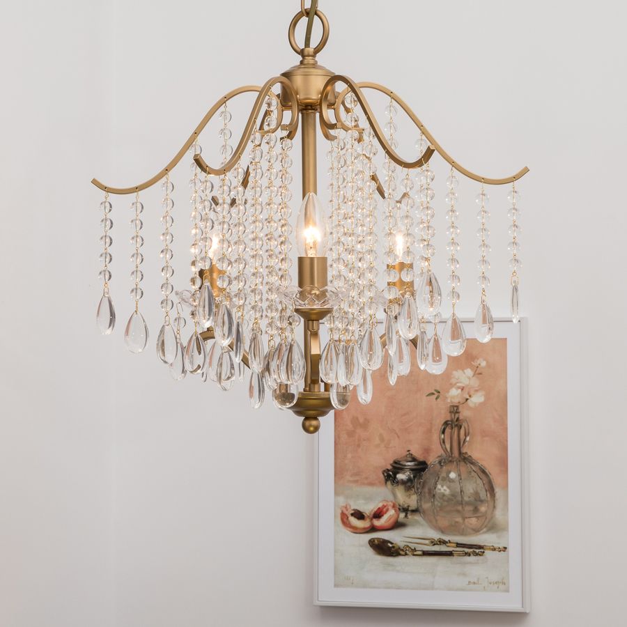 Retro Candlestick Chandelier 6 Heads Iron Hanging Lamp in Gold with Crystal Decoration