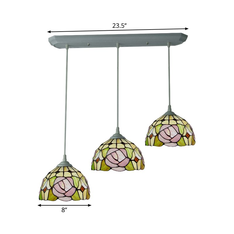 Dome Stained Glass Pendulum Light Victorian 3 Heads White Rose Patterned Cluster Pendant Light for Dining Room