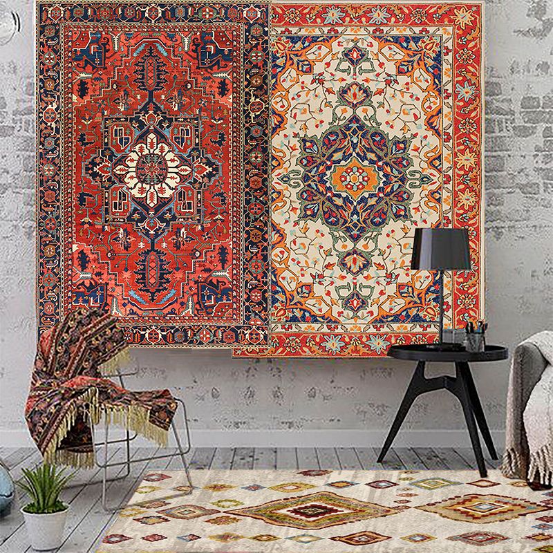 Red Tone Ethnic Print Rug Polyester Moroccan Carpet Non-Slip Backing Indoor Rug for Home Decoration