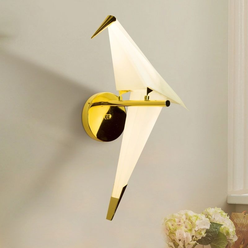 Origami Bird LED Wall Light Fixture Designer Acrylic Bedroom Sconce Lighting in Gold, Warm/White Light