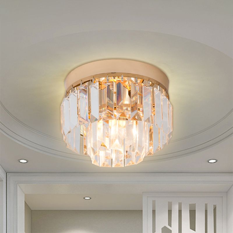 Luminaire LED moderne à 2 niveaux, abat-jour tambour, cristaux clairs taillés en biseau, lampe encastrée en or/noir