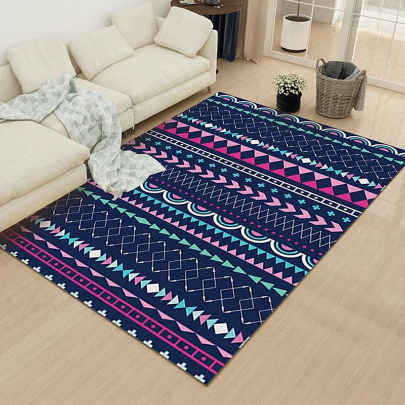 Striped Geometric Area Rug wiht Lattice and Diamond Polyester Pet Friendly Stain Resistant Indoor Rug in Blue and Purple