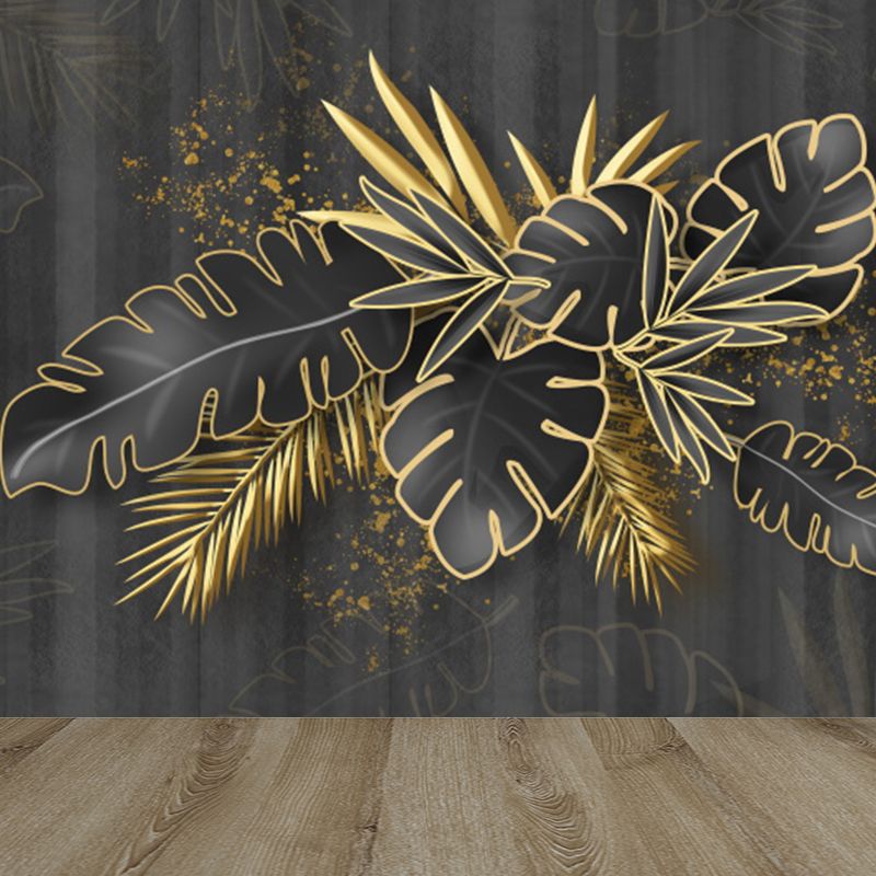 Botanical Leaf Pattern Mural Wallpaper Gold Tropical Wall Covering for Living Room