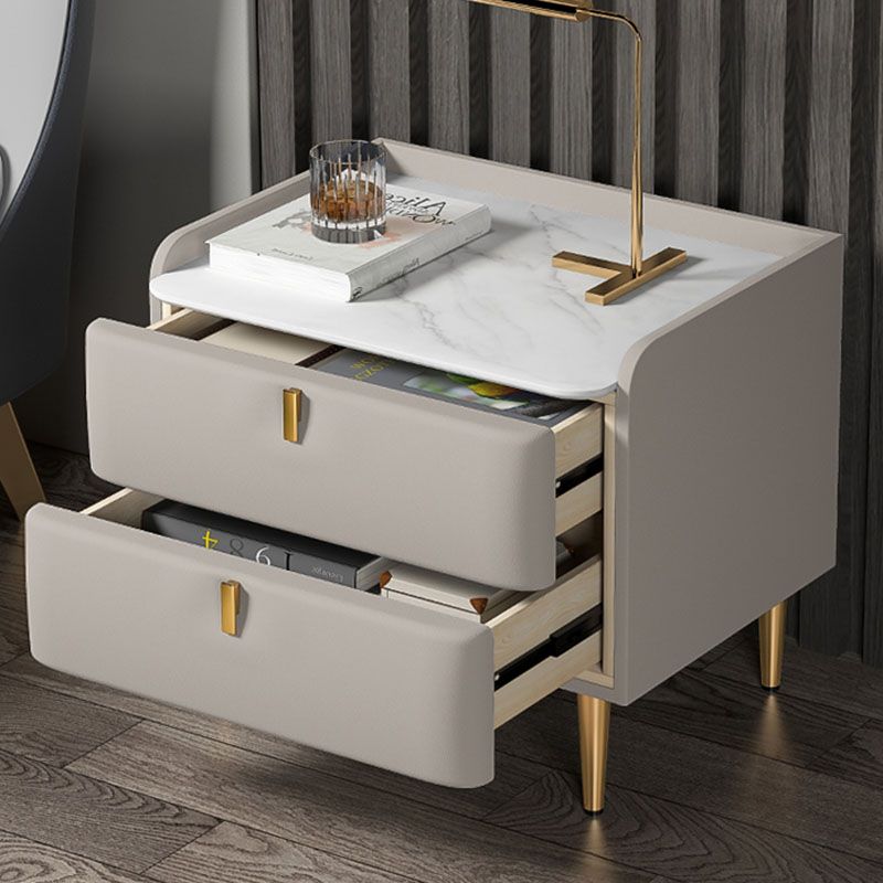 Contemporary Solid Wood Nightstand Stone Top Night Table with Drawers