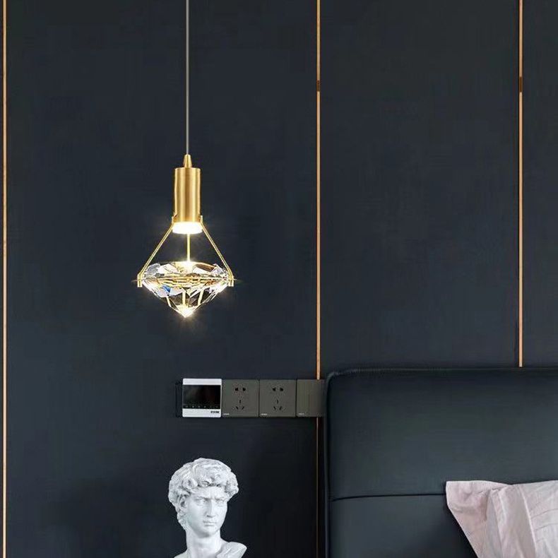 Brass Crystal LED Pendant Light in Modern Luxury Style Copper Geometric Hanging Lamp for Bedroom