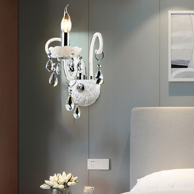 Modern Candelabra Wall Light Fixture White Glass 1/2 Heads Living Room Sconce Light with Teardrop Crystal Decoration