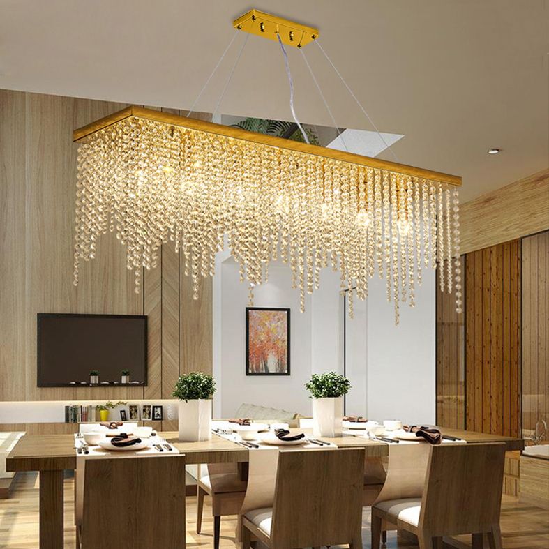 Rectangular Island Light Fixture Modern Crystal Dinning Room Island Pendant Light in Gold