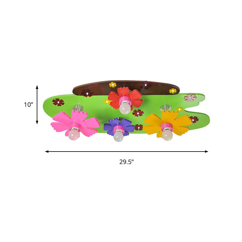 Colorful Flower Ceiling Light Four Heads Cartoon Wood Flush Mount Light for Girls Bedroom