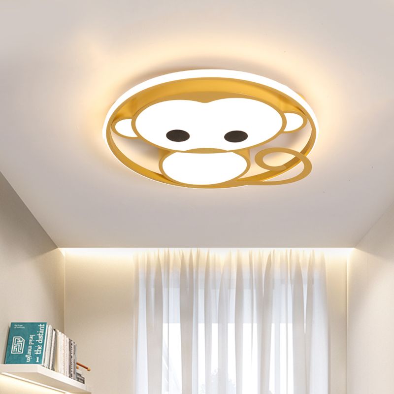 Monkey Kids Bedroom Ceiling Fixture Aluminum Cartoon LED Flush Mount Lamp in Yellow/Blue