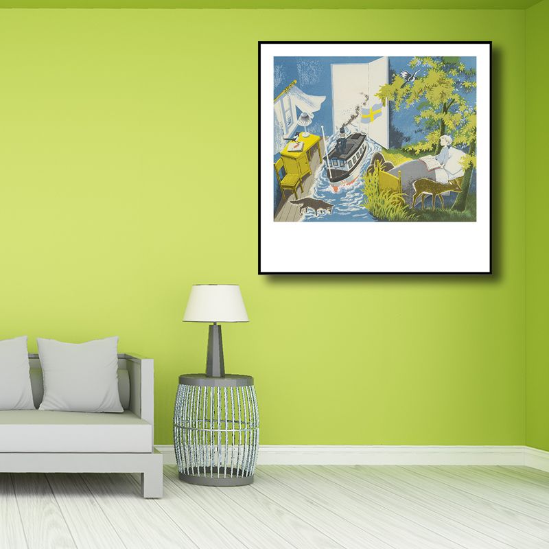 Kids Fantasy Wall Art Blue Flooded Bedroom Drawing Print Canvas for House Interior