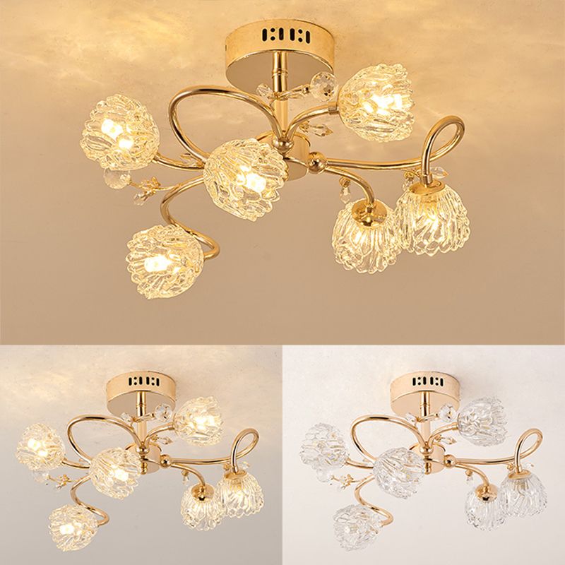 Lampe semi-affleurante en métal doré, éclairage de plafond traditionnel pour chambre à coucher avec abat-jour en verre fleuri