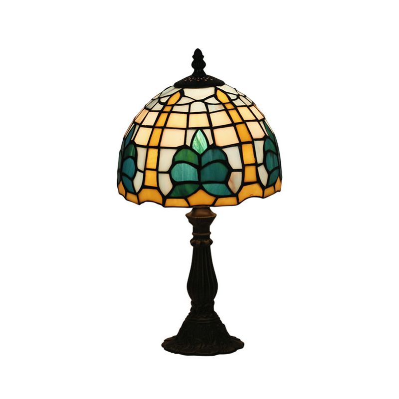 1 Light Bedside Nightstand Light Mediterranean Blue Night Table Lamp with Dome Stained Glass Shade