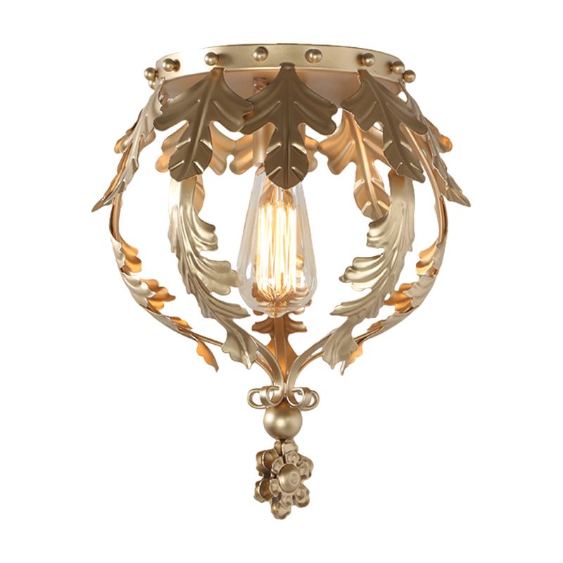 Single Inverted Leaf Crown Flush Light Rustic Grey/White/Gold Metal Ceiling Mounted Lamp for Corridor