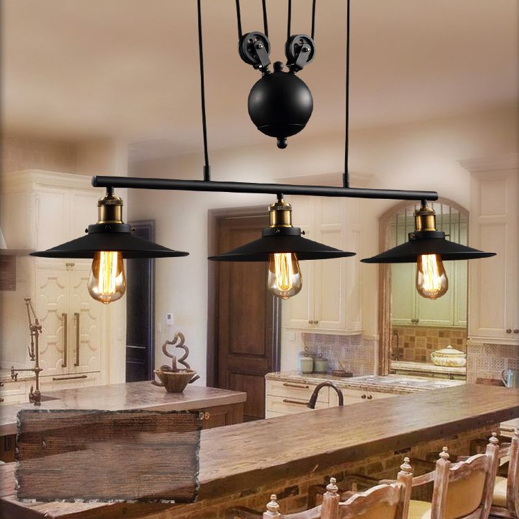 Wrought Iron Black Island Pendant Light in Industrial Classic Style 3-Light Adjustable Pendant Light for Dining Room