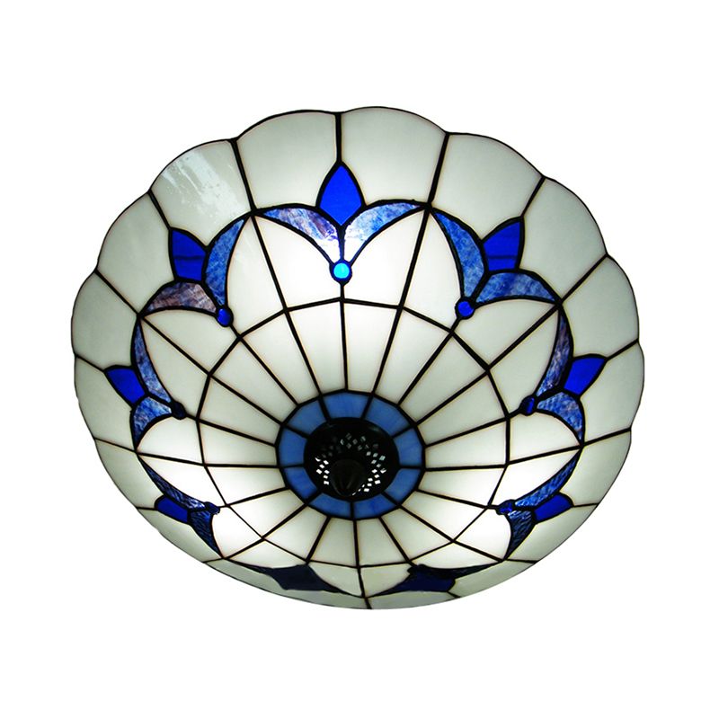 Plafonnier en verre teinté bleu, plafonnier à 3 lumières avec abat-jour floral pour chambre à coucher de style Tiffany