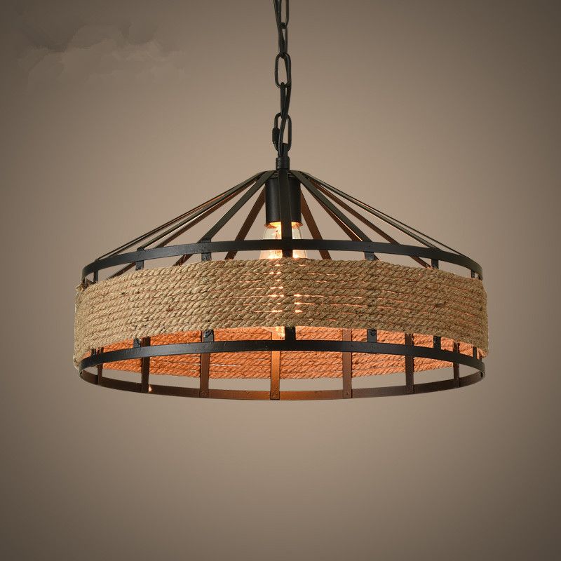 Drum Hanging Lamp Industrial Natural Manila Rope Decorative Pendant Light for Living Room