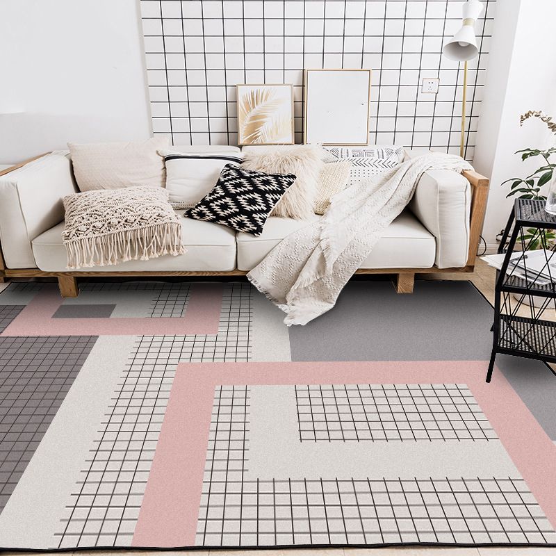 Stylish Pink-Grey Modern Rug Synthetics Geometric Grids Print Carpet Stain Resistant Non-Slip Pet Friendly Rug for Girls Room