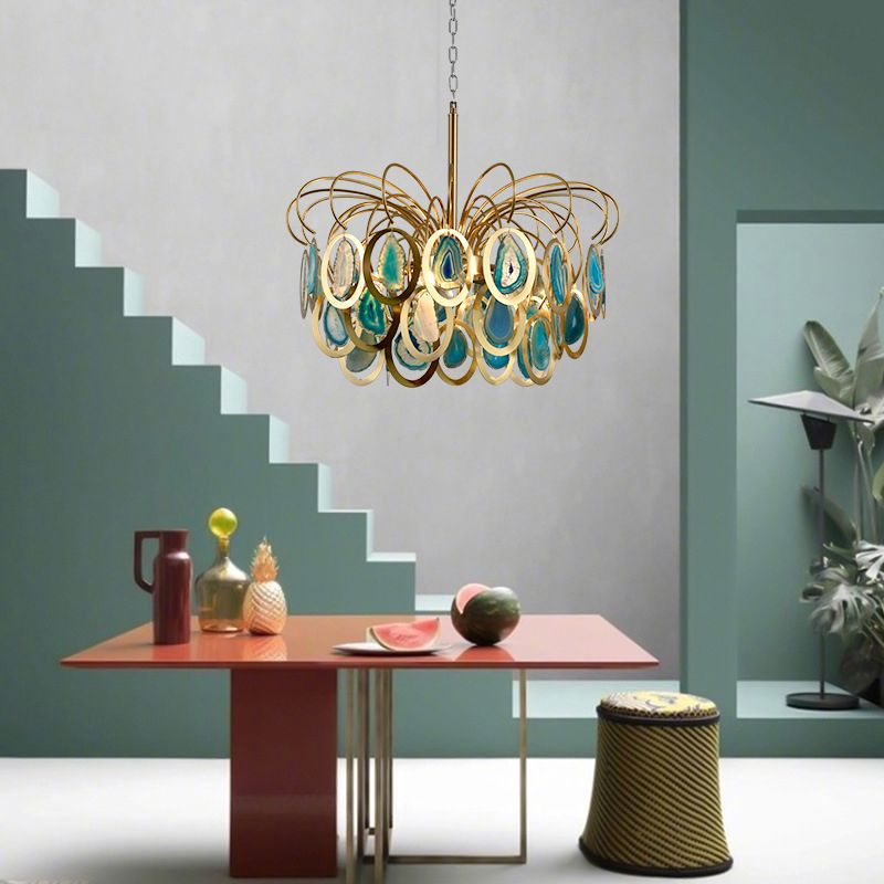 Green Peacock Feather Chandelier Light Modern 5-Head Iron Ceiling Hanging Pendant with Agates
