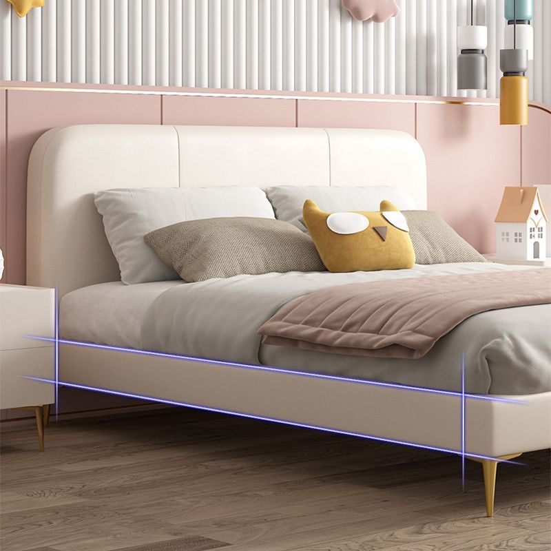 Glam Genuine Leather Bed Frame White Upholstered Low Profile Standard Bed