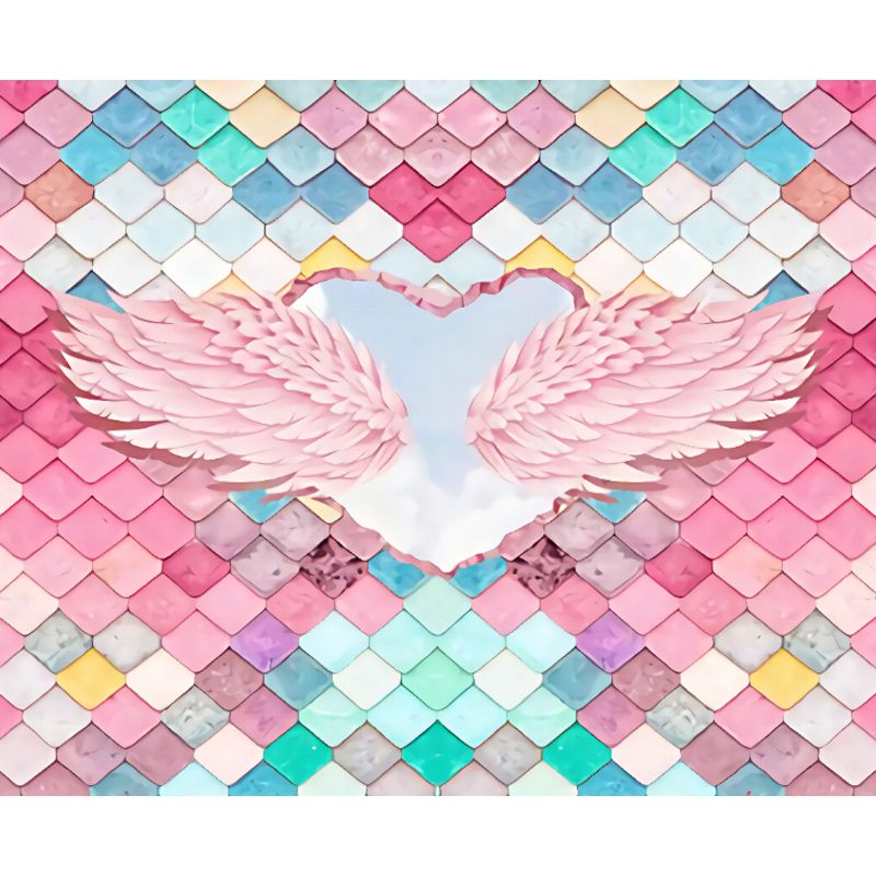 Pink Feather Wall Mural Wings with Fishscale Tile Modern Stain Resistant Wall Covering