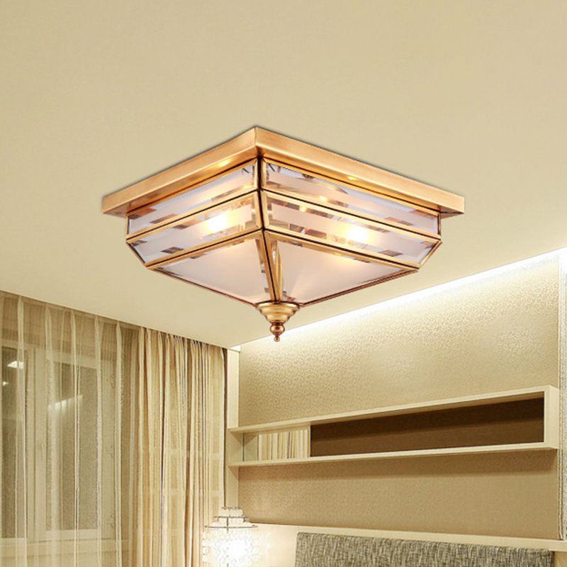11.5"/16" W Brass 3 Lights Flush Ceiling Lamp Traditional Beveled Glass Square Flush Mount Lighting