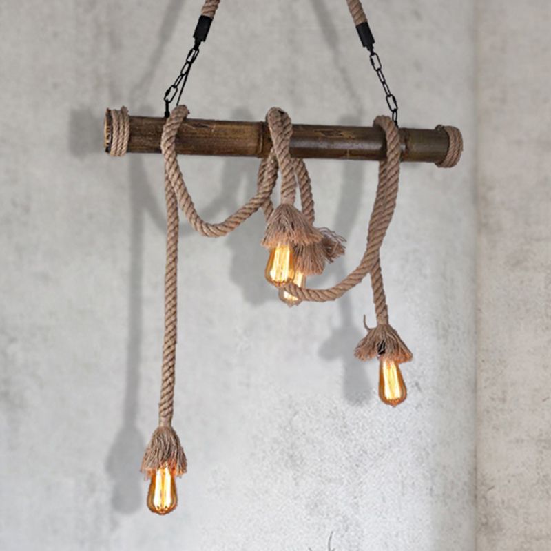 Rope Exposed Bulb Island Pendant Light Industrial 4/8 Light Dining Room Hanging Lamp in Beige