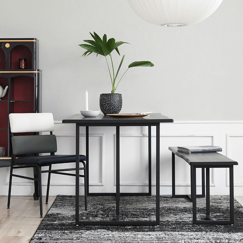 Rectangle Industrial Dining Table Black Fixed Table with Pinewood Solid Wood